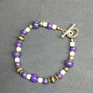 Purple Lime Green Bracelet Swirled Cylinder Round Silver Toggle Retro BoHo